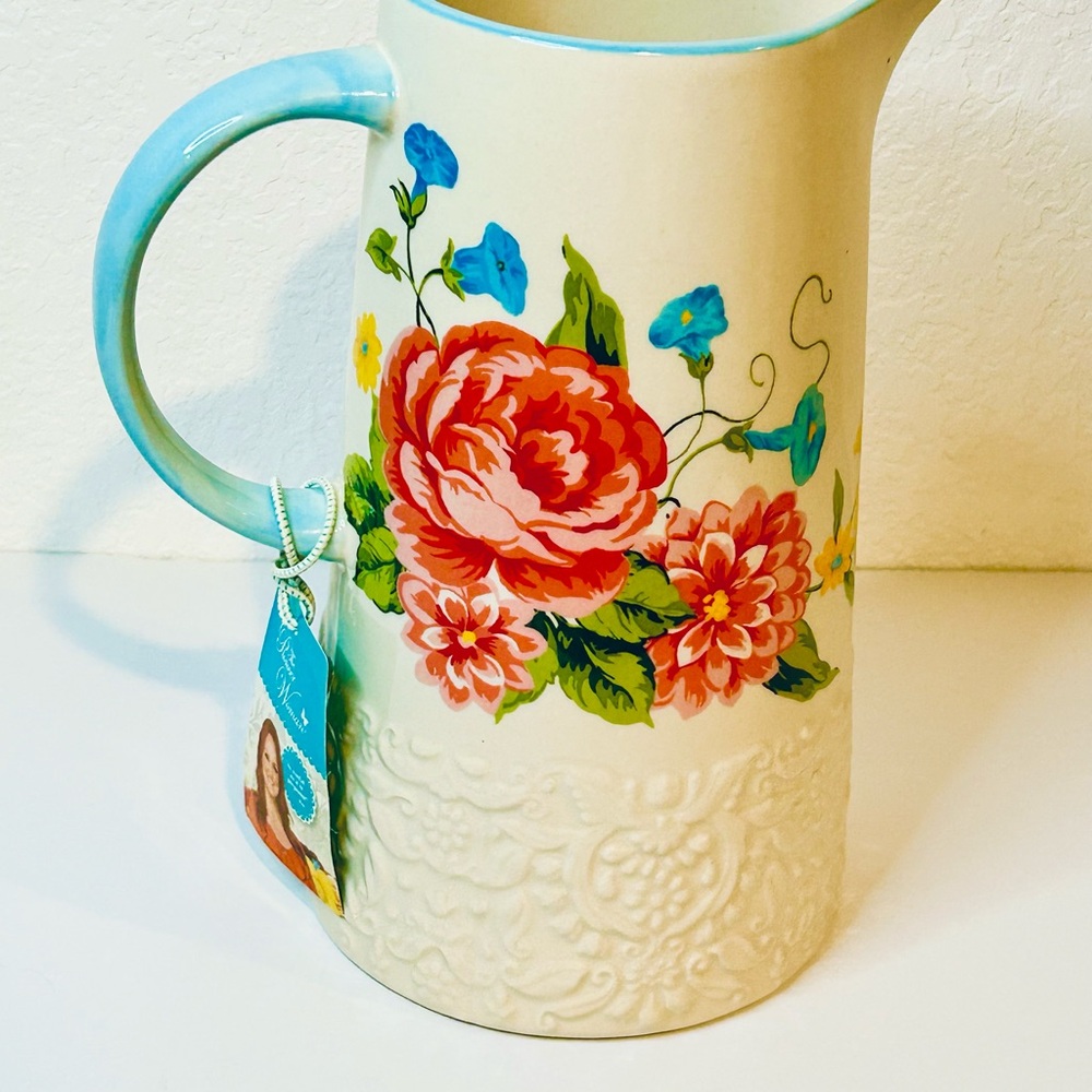 New Pioneer Woman Sweet Rose Dahlia Floral Cottagecore Ceramic Pitcher - Picture 2 of 5